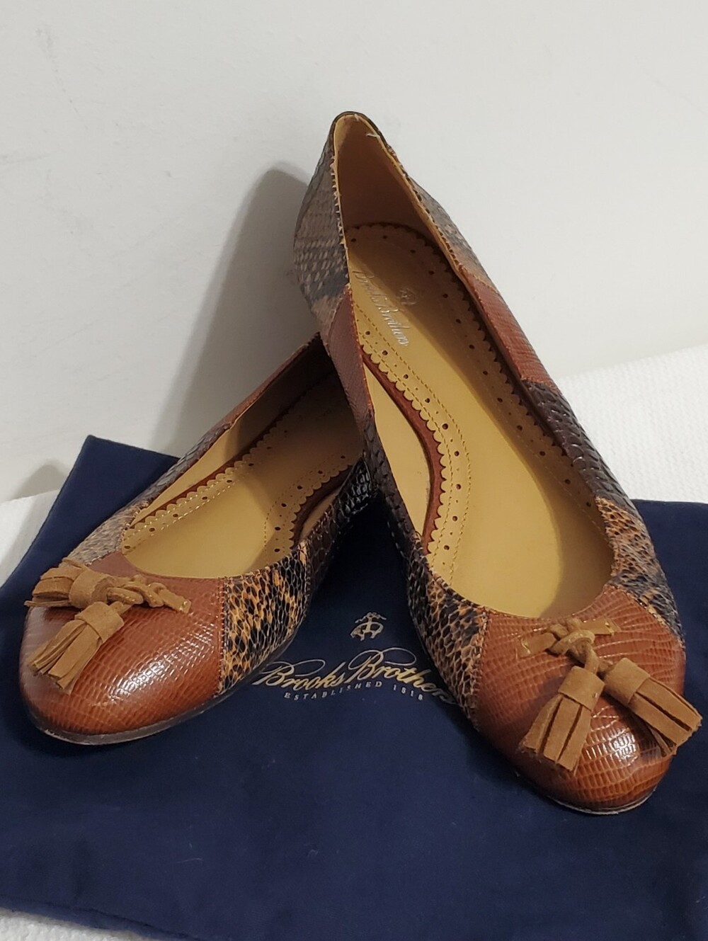 Brooks Brothers Reptile Embossed Patchwork Brown Leather Tassel Flats Suze 8